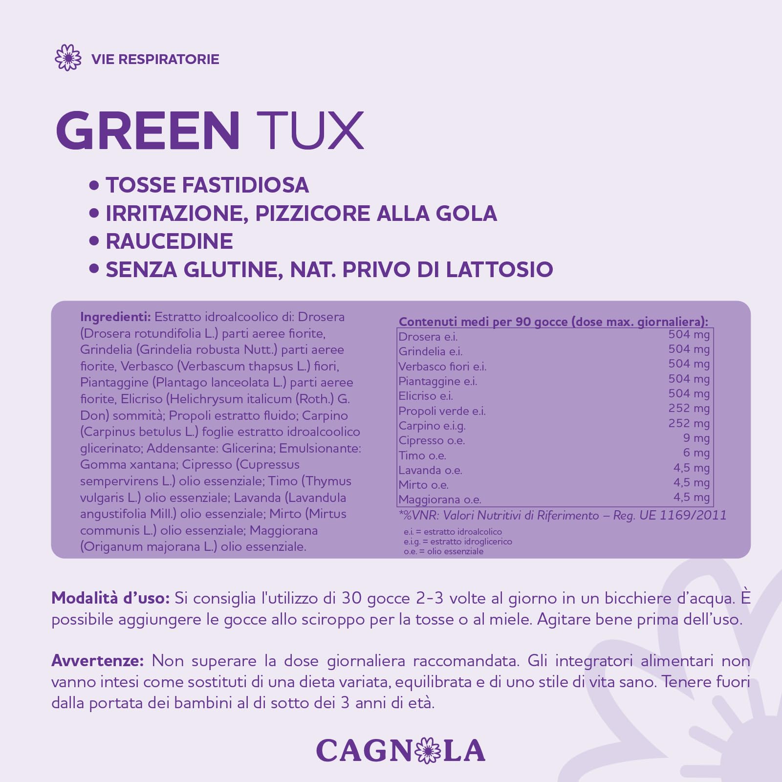 Cagnola Green Tux integratore gocce 50 ml vie respiratorie