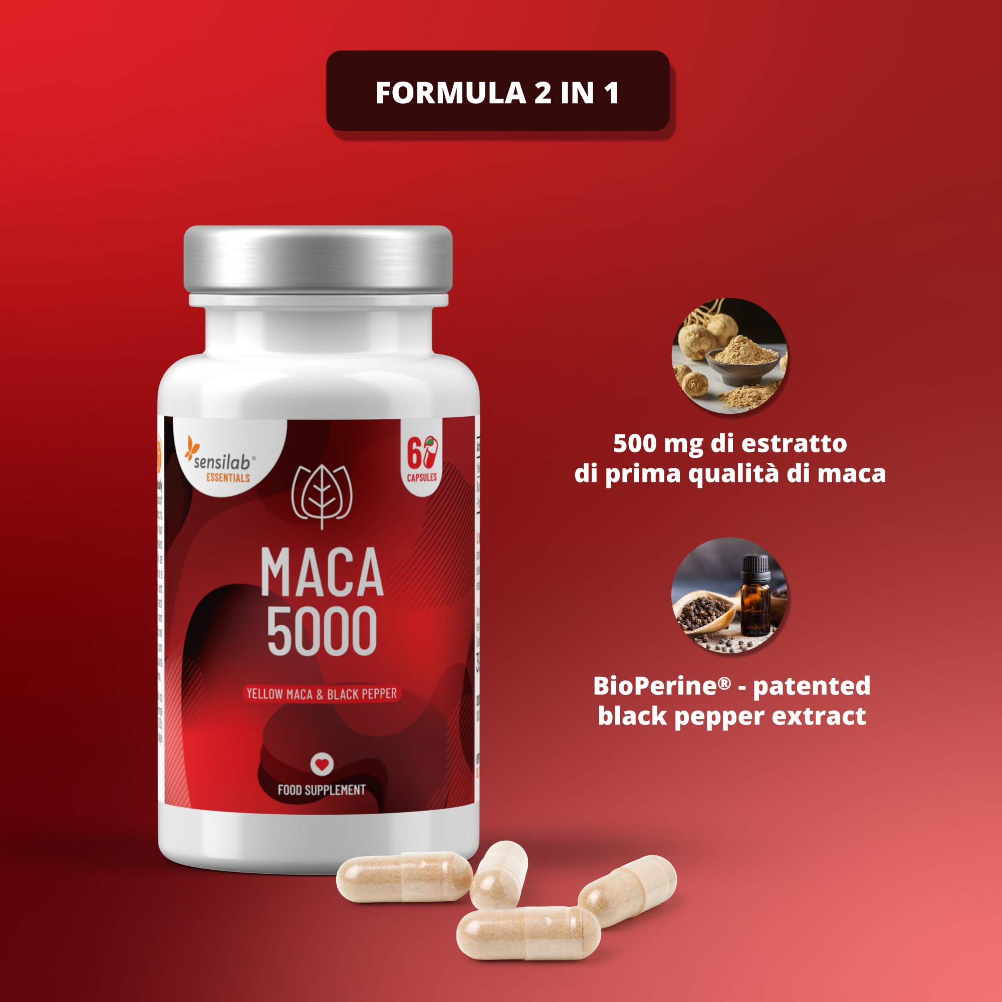 Sensilab Maca 500 mg integratore 60 capsule con pepe nero